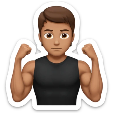 man with brown hair who is strong wearing black t shirt not smiling muscles sticker