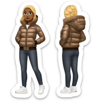 Fais moi un bitmoji avec un ensemble sport, une doudoune type moncler, avec un vue de ville et une montre et chaîne en diamant mais avec la peau bronzé sticker