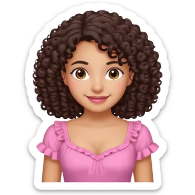 An emoji of a Latina girl with curly hair and a cute smile, she's wearing a pink dress, her name is ellazulis. sticker
