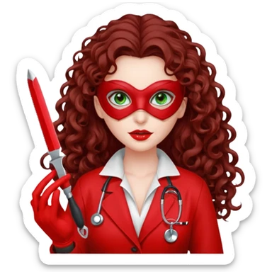 Lilith sexy evil woman. She has green eyes.  had brown long curly hair.  evil surgeon kills with scalpel wears red sexy doctor coat with red long mouth cover red gloves.  sticker