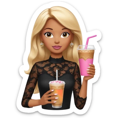 brown skin blonde barbie wearing black lace shirt with iced latte with long French tip nails sticker
