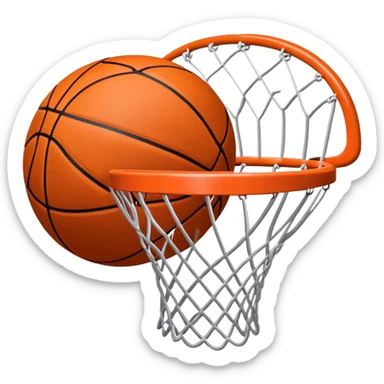 A close-up of a basketball shield and hoop with the ball swishing through the net, captured mid-air. The background emphasizes the tension and excitement of the moment, with the rim and net in sharp focus, showcasing the precision and skill of the sport. sticker
