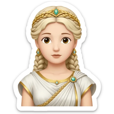 An emoji portrait of an ancient Roman princess. She wears a white stola dress with a gold-trimmed palla draped over her shoulders. She has an intricate braided hairstyle adorned with a delicate gold diadem. Her expression is calm and dignified. sticker