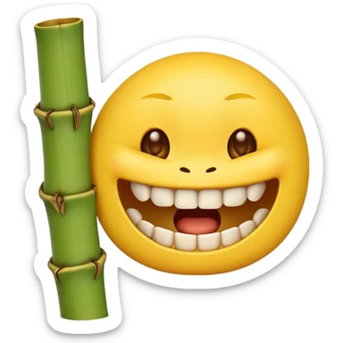 yellow emoji face biting on bamboo muzzle with teeth visible sticker