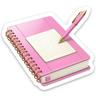 Notebook, gold and pink and white. angled view. with pen sticker