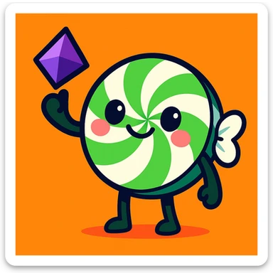 adorable spearmint candy with a smiling face holding a Twitch bit, vibrant toon style sticker
