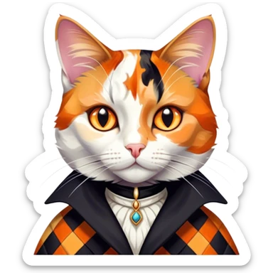 Cinematic Noble Calico Cat Portrait Emoji, Poised and regal, with a striking patchwork coat in vibrant orange, black, and white hues, delicate whiskers and a refined, focused gaze, simplified yet exquisitely detailed, glowing with a soft, moonlit radiance and an air of aristocratic elegance, high shine, exuding dignified intelligence and poised authority, soft glowing outline, capturing the essence of a watchful and noble calico cat that appears ready to grace the screen with effortless majesty! sticker