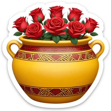 Yellow ceramic pot with red roses; the pot is decorated in an ethnic style. sticker