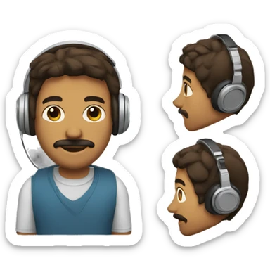 Make a brown man with mustache and with headphones and has mouth speaker and a computer and wearing a polo sticker