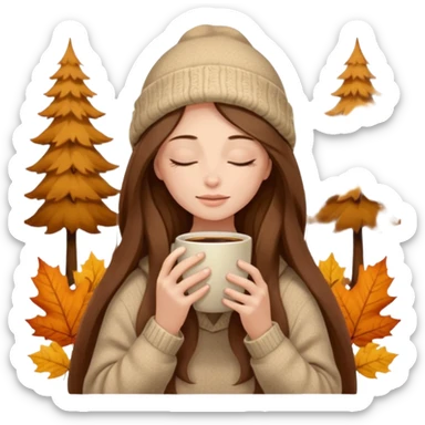 long brown hair woman closed eyes with beige blanket on her head, holding cup of coffee, autumn mood sticker