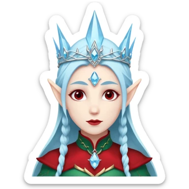 Fantasy elf portrait emoji, icy blue crystal crown with deep red accents, elegant elven features, cold noble winter expression, ice and crimson color palette, minimal clean design, flat readable emoji style, male/female variant sticker
