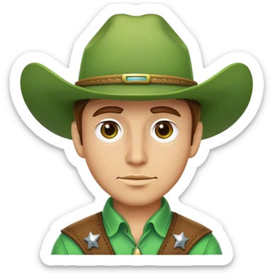 Cowboy face with a bright green cowboy hat sticker
