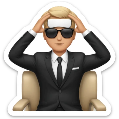 white man in formal suit wearing sunglasses resting with hands behind head sticker