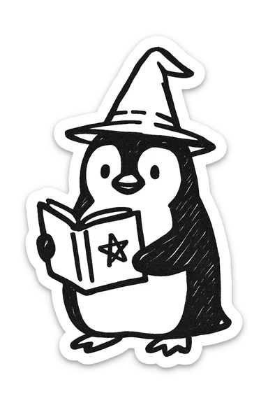 a penguin wizard wearing a pointed hat and holding a spellbook, hand-drawn sketch style sticker