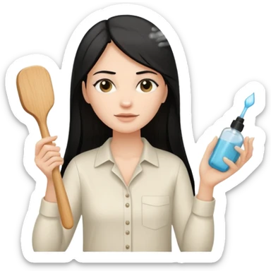 A white woman with long, straight black hair, wearing an ivory-colored shirt, holding a small square wooden paddle hairbrush in her left hand and spraying a hair mist bottle with her right hand toward her hair. sticker