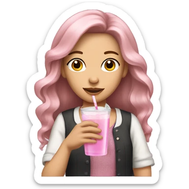  brunette girl with long hair and light pink hair bows and clothes holding a drink sticker