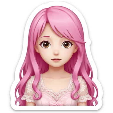 pastel anime woman with pink and white lace dress full body and long hair in a rose garden background sticker