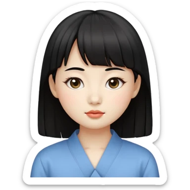 Clean Korean illustration-style emoji portrait of a young Korean woman, front-facing.
Smooth porcelain skin, soft shading, large round eyes, calm neutral expression.
Straight black bangs, black hair tied back, small nose and lips.
Round oval face, soft jawline.

 sticker