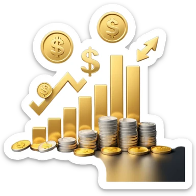 3D emoji-style bar chart showing $10K → $800 and $20K → $1,600 returns, coins and dollar signs flying upward, minimalist light background sticker