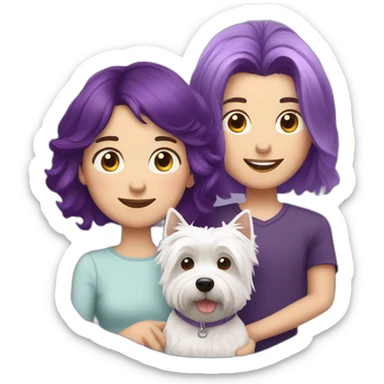 Family picture woman with purple hair, aduld son with dark brown hair and cute West Highland White Terrier sticker