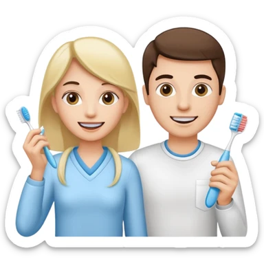 two young adults, a woman and a man, holding a toothbrush and dental floss, on their way to the dentist sticker