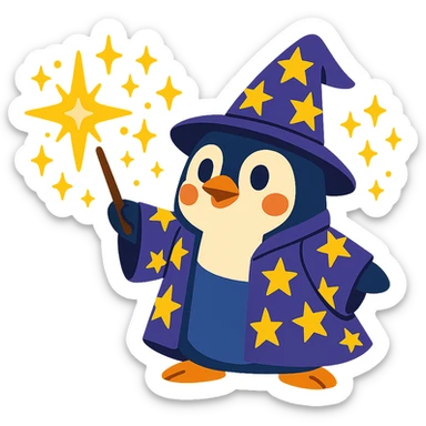 a cute penguin wizard casting a spell, wearing a starry robe and holding a wand, magical sparkles around sticker