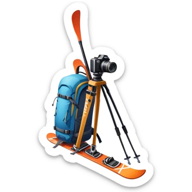 Icon for Mountain Tourism: a distant snow-capped mountain peak with skis, a snowboard, an ice axe, a backpack and a camera. The icon should convey the spirit of adventure and exploration in the mountains. Transparent background. sticker