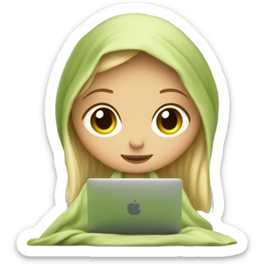 blonde girl sits under a blanket with a glass of matcha and works on a macbook sticker