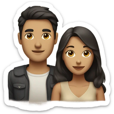 A couple man and woman Both have dark hair, with in the middle of them. A Husky. Golden beige sticker