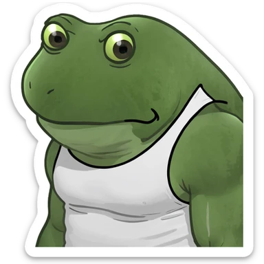 Incredibly muscular, roided up bufo, extra creatine, wearing white tank top with sweat stains sticker