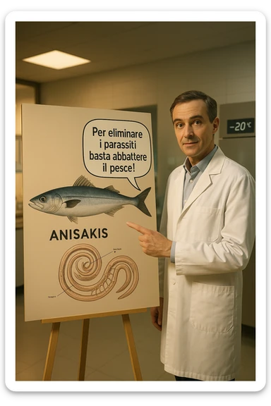 cinematic a scientist in a white lab coat stands beside a large poster showing a fish and a diagram of the Anisakis parasite. The scientist points to a speech bubble that says, “Per eliminare i parassiti basta abbattere il pesce!” In the background, a blast freezer is visible, with a temperature gauge set to -20°C. The mood is informative and reassuring. In italiano sticker