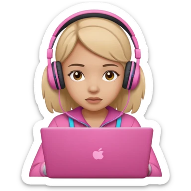 a girl with a pink laptop with headphones, color outline icon style, looking sad sticker