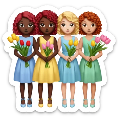 5 girls at a garden party wearing pastel dresses and holding tulips, one is black, one is blond, one has brown hair, one has red hair, the last one is has curly hair sticker