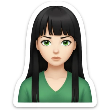 A white woman with Long straight hair with bangs, black hair, green eyes and a low-cut shirt sticker