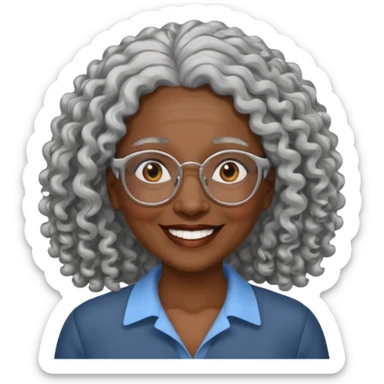 smiling dark older black woman wearing glasses with lots of long curly silver hair a sticker