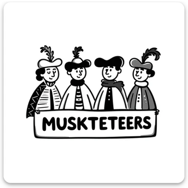 Cute cartoon of four musketeers with feathered hats and capes with the text "4 Musketeers" sticker