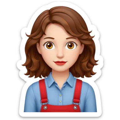 Woman with wavy brown hair and hazel eyes wearing red trouser braces. sticker