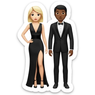 Blonde woman, black, Long, tight, sleveless Dress, Slot left Leg, man, black Hair, in Dinner jacket, Background ballroom sticker