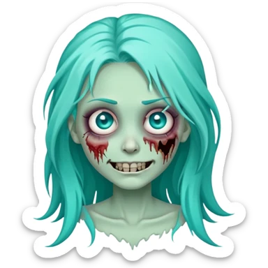 zombie girl with long turquoise hair, one eye missing, creepy smile, cute undead character sticker