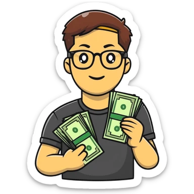 A young man with black glasses and money sticker