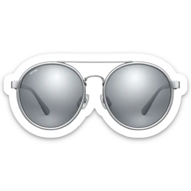 A pair of luxury sunglasses emoji with silver chrome frame, smooth rounded lenses, reflective metallic surface, high-end swag aesthetic, minimal and clean design, iOS emoji style, centered, white background sticker