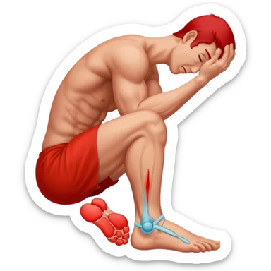 Man holding his foot in pain, muscle cramp in feet, red pain highlight on foot, simple medical emoji style, clean background sticker