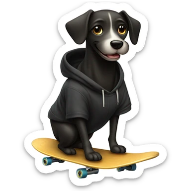 Dog wearing a black hoodie riding a skateboard with his hands in the pockets while having a grin on his face  sticker