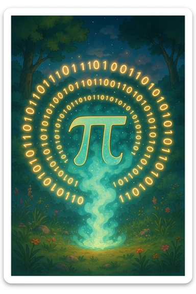  combine the π (pi) math symbol, binary code, and digital mist emerging from it. sticker