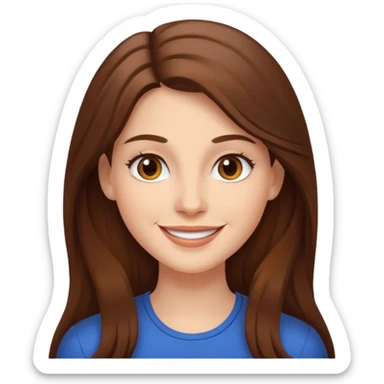 white woman with long brown hair and brown eyes, smiling sticker
