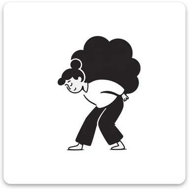a woman straining with a difficult expression carrying something very heavy on her back, hand drawn doodle style sticker