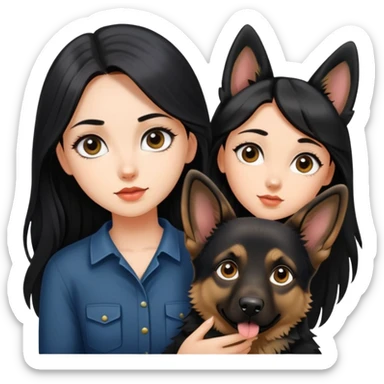 A beautiful girl with big eyes, fair skin, long black hair, and a German Shepherd dog sticker