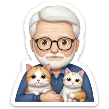 old man with white hair and glasses holding fat calico cat sticker