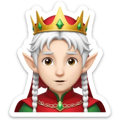 an elf with crown on the head, wearing black and red clothes, white hair sticker