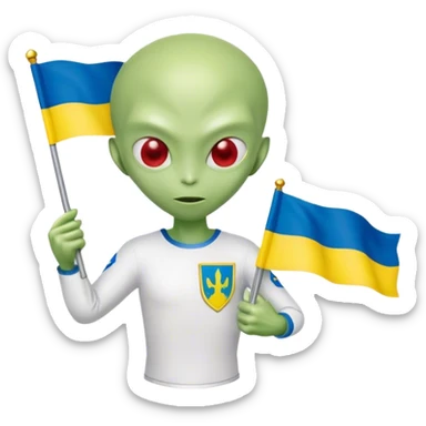 Green alien in Shirt 👚 vyshyvanka, white with red embodiary on sleeved, with 🇺🇦 Ukraine flag in a hand sticker